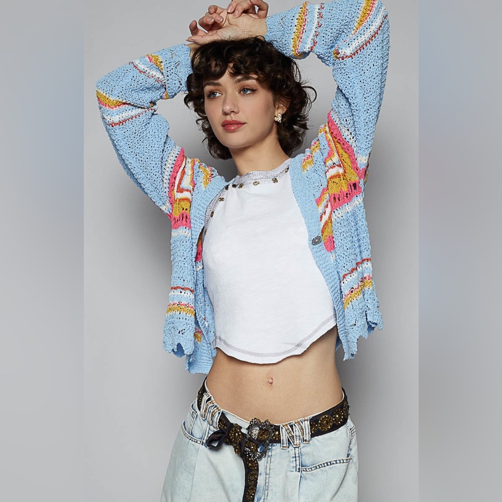 POL Blue Multicolor Knit Cardigan